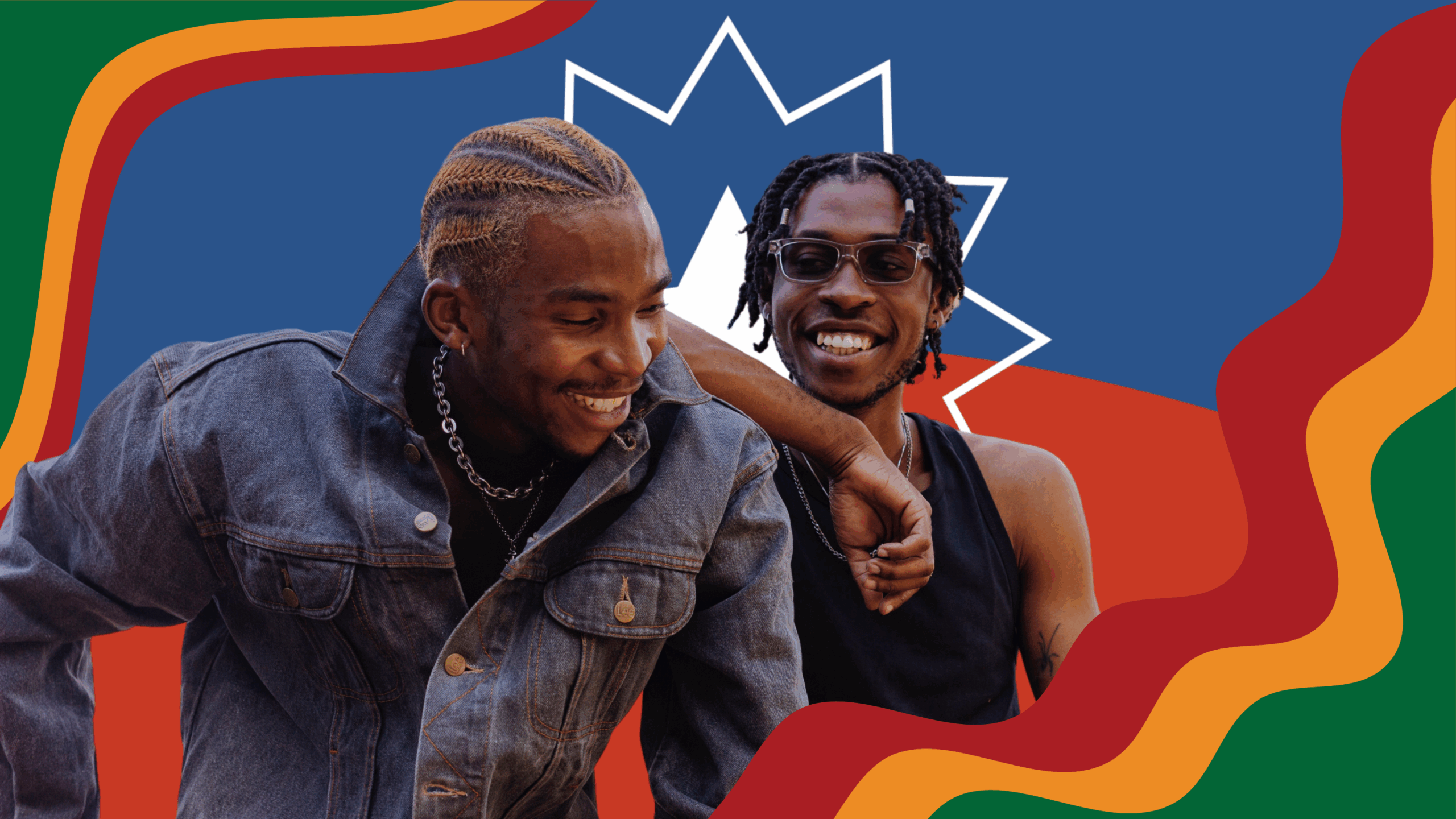 In the foreground, two smiling young Black men are pictured in a friendly pose. They are superimposed over the Juneteenth flag, and the entire image is framed by wavy borders in the Pan-African colors of green, gold, and red.